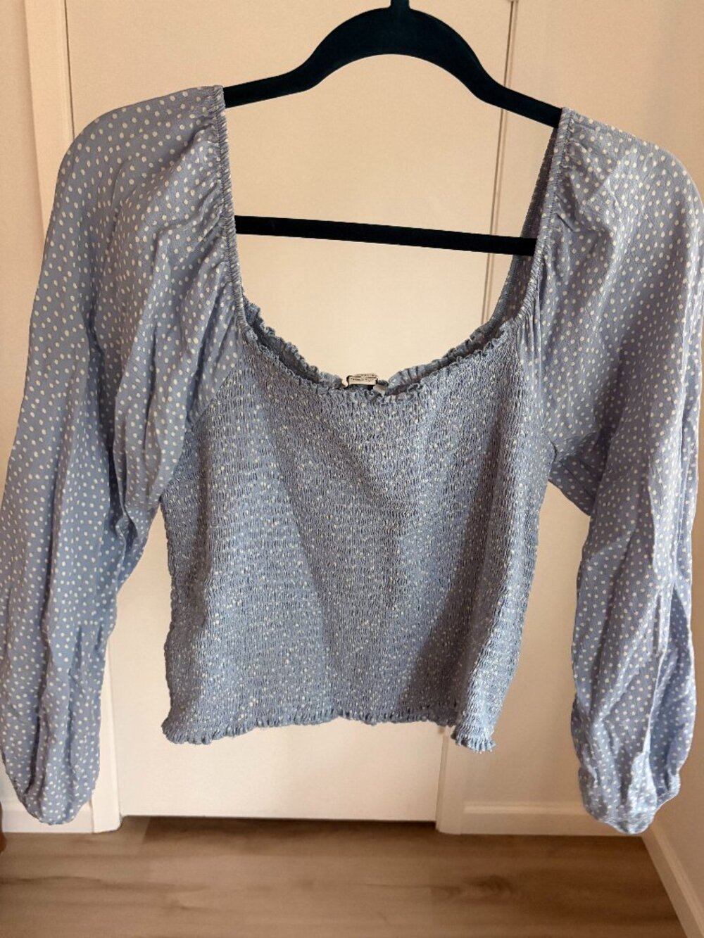 American Eagle Baby Blue Polka Dot Fitted Blouse Size L